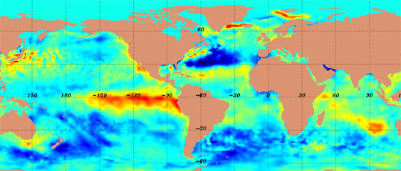 This world map shows El Nio sea surface temperatures.