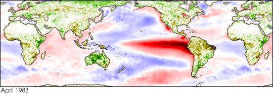World Map showing El Niño ocean surface temperature conditions 