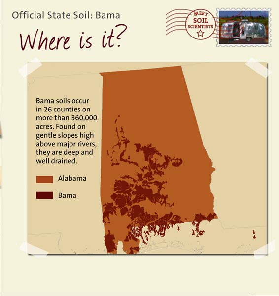 Official State Soil: Bama 
July 4th 

This is a map of Alabama showing the location of Bama soils. Bama soils occur in 26 counties on more than 360,000 acres. Found on gentle slopes high above major rivers, they are deep and well drained.