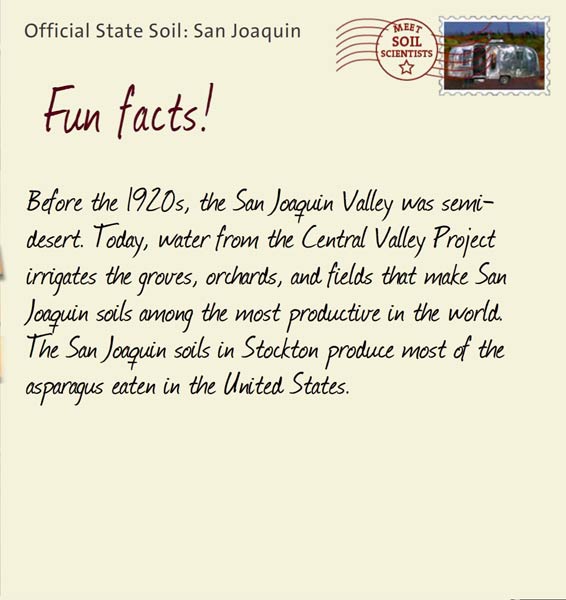 Official State Soil: San Joaquin 
July 6th 


Before the 1920s, the San Joaquin Valley was semi-desert. Today, water from the Central Valley Project irrigates the groves, orchards, and fields that make San Joaquin soils among the most productive in the world. The San Joaquin soils in Stockton produce most of the asparagus eaten in the United States.  
