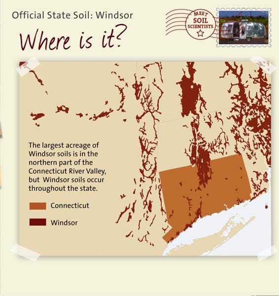 Official State Soil: Windsor 
December 5th 

This is a map of Connecticut showing the location of Windsor soils. The largest acreage of Windsor soils is in the northern part of the Connecticut River Valley, but Windsor soils occur throughout the state.