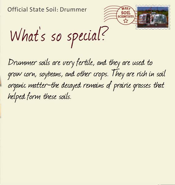 Official State Soil: Drummer 
June 20th 


Drummer soils are very fertile, and they are used to grow corn, soybeans, and other crops. They are rich in soil organic matter-the decayed remains of prairie grasses that helped form these soils.
