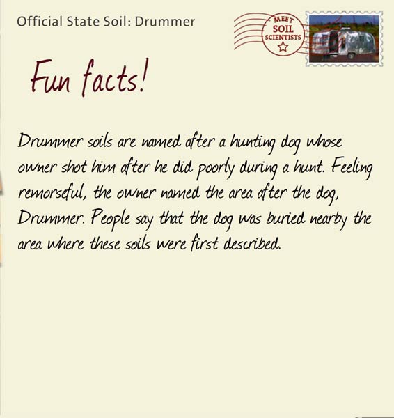 Official State Soil: Drummer 
June 20th 


Drummer soils are named after a hunting dog whose owner shot him after he did poorly during a hunt. Feeling remorseful, the owner named the area after the dog, Drummer. People say that the dog was buried nearby the area where these soils were first described.
