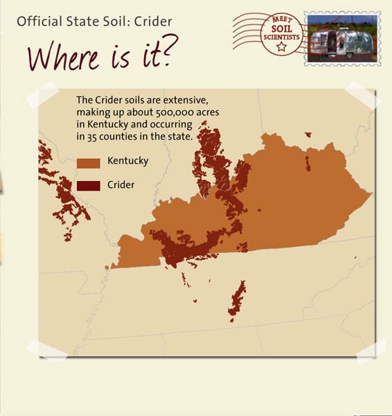 Official State Soil: Crider 
May 1st 

This is a map of Kentucky showing the location of Crider soils. The Crider soils are extensive, making up about 500,000 acres in Kentucky and occurring in 35 counties in the state.