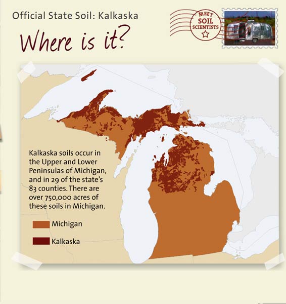 Official State Soil: Kalkaska 
December 20th 

This is a map of Michigan showing the location of Kalkaska soils. Kalkaska soils occur in the Upper and Lower Peninsulas of Michigan, and in 29 of the state's 83 counties. There are over 750,000 acres of these soils in Michigan.