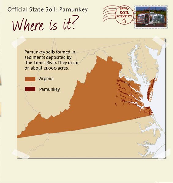 Official State Soil: Pamunkey 
June 16th 

This is a map of Virginia showing the location of Pamunkey soils. Pamunkey soils formed in sediments deposited by the James River. They occur on about 21,000 acres.