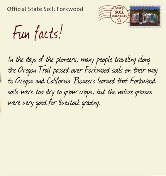 Official State Soil: Forkwood 
September 14th 


In the days of the pioneers, many people traveling along the Oregon Trail passed over Forkwood soils on their way to Oregon and California. Pioneers learned that Forkwood soils were too dry to grow crops, but the native grasses were very good for livestock grazing.
