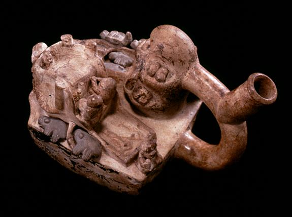 This 2000-year old ceramic pot depicts rocks covered by guano