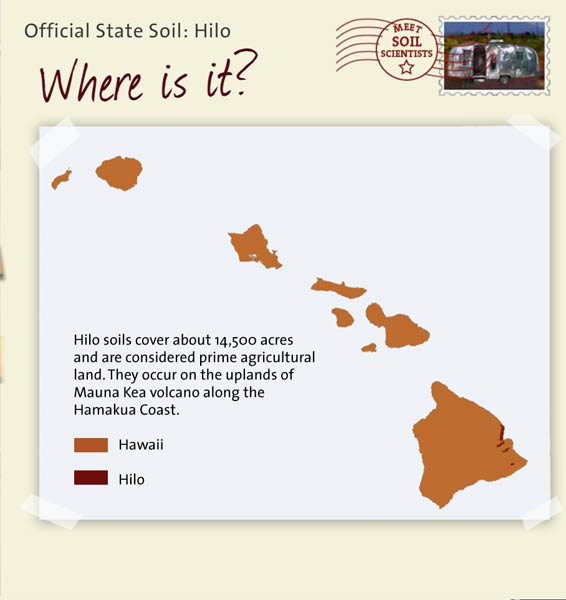 Official State Soil: Hilo 
November 9th 

This is a map of Hawaii showing the location of Hilo soils. Hilo soils cover about 14,500 acres and are considered prime agricultural land. They occur on the uplands of Mauna Kea volcano along the Hamakua Coast.