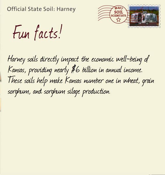Official State Soil: Harney 
October 26th 


Harney soils directly impact the economic well-being of Kansas, providing nearly $6 billion in annual income. These soils help make Kansas number one in wheat, grain sorghum, and sorghum silage production.
