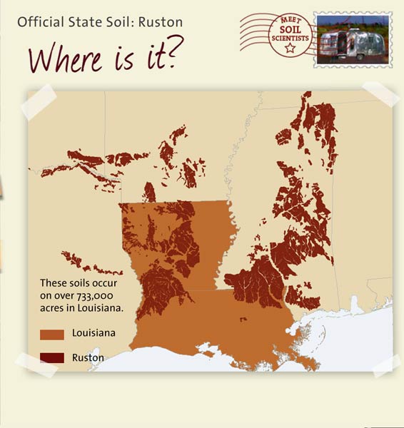 Official State Soil: Ruston 
April 13th 

This is a map of Louisiana showing the location of Ruston soils. These soils occur on over 733,000 acres in Louisiana.
