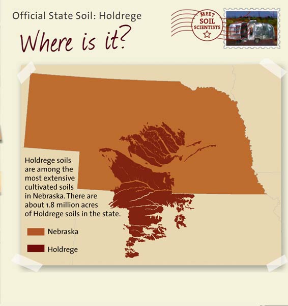 Official State Soil: Holdrege 
September 13th 

This is a map of Nebraska showing the location of Holdrege soils. Holdrege soils are among the most extensive cultivated soils in Nebraska. There are about 1.8 million acres of Holdrege soils in the state.