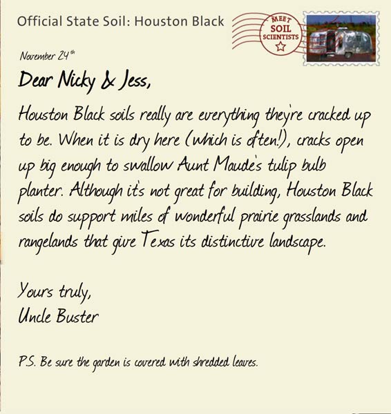 Official State Soil: Houston Black 
November 24th 


Dear Nicky & Jess,
Houston Black soils really are everything they're cracked up to be. When it is dry here (which is often!), cracks open up big enough to swallow Aunt Maude's tulip bulb planter. Although it's not great for building, Houston Black soils do support miles of wonderful prairie grasslands and rangelands that give Texas its distinctive landscape. 

Yours truly,
Uncle Buster

P.S. Be sure the garden is covered with shredded leaves.
