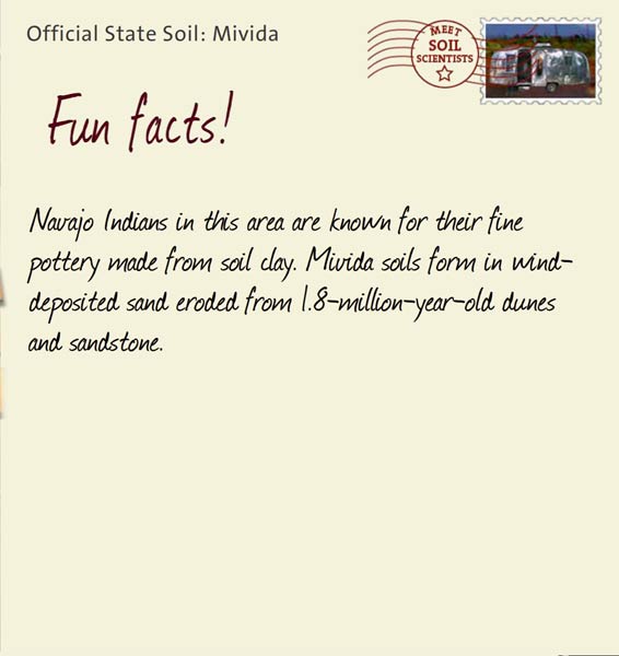 Official State Soil: Mivida 
March 27th 


Navajo Indians in this area are known for their fine pottery made from soil clay. Mivida soils form in wind-deposited sand eroded from 1.8-million-year-old dunes and sandstone. 
