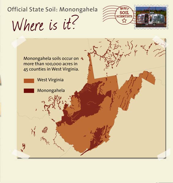 Official State Soil: Monongahela 
May 3rd 

This is a map of West Virginia showing the location of Monongahela soils. Monongahela soils occur on more than 100,000 acres in 45 counties in West Virginia.