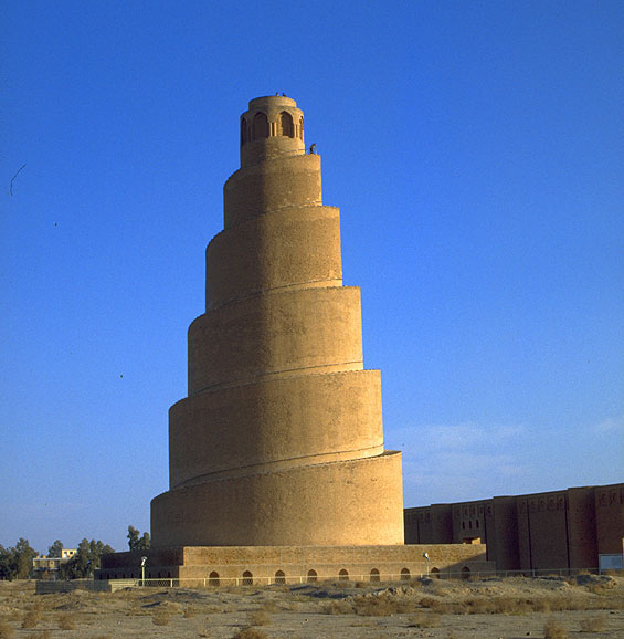 The mud brick spiral minaret of the Great Mosque, Samarra, Iraq, a.d. 847–861