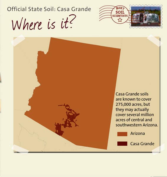 Official State Soil: Casa Grande 
April 6th 

This is a map of Arizona showing the location of Casa Grande soils. Casa Grande soils are known to cover 275,000 acres, but they may actually cover several million acres of central and southwestern Arizona.