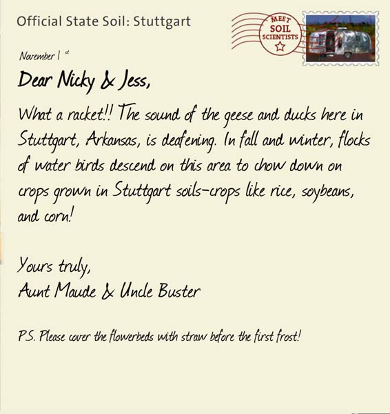 Official State Soil: Stuttgart 
November 1st 


Dear Nicky & Jess,
What a racket!! The sound of the geese and ducks here in Stuttgart, Arkansas, is deafening. In fall and winter, flocks of water birds descend on this area to chow down on crops grown in Stuttgart soils-crops like rice, soybeans, and corn! 

Yours truly,
Aunt Maude and Uncle Buster

P.S. Please cover the flowerbeds with straw before the first frost!
