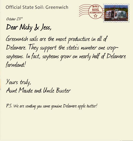 Official State Soil: Greenwich 
October 23rd 


Dear Nicky & Jess,
Greenwich soils are the most productive in all of Delaware. They support the state's number one crop-soybeans. In fact, soybeans grow on nearly half of Delaware farmland!

Yours truly,
Aunt Maude and Uncle Buster

P.S. We are sending you some genuine Delaware apple butter! 

