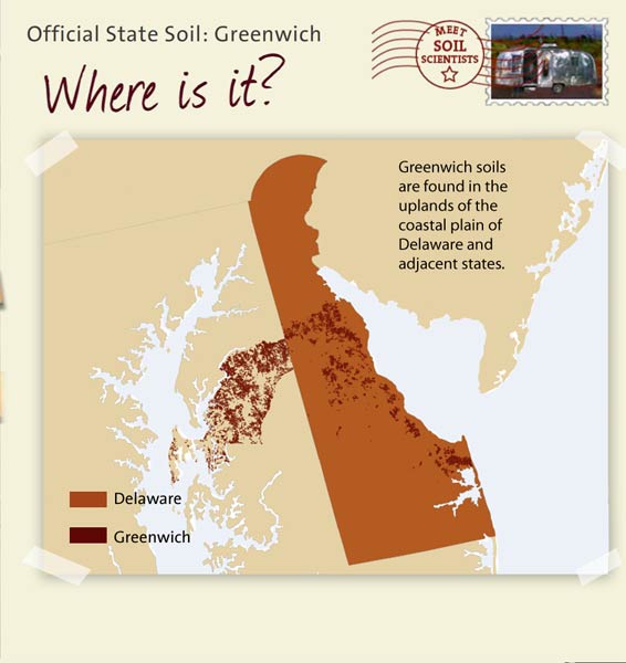 Official State Soil: Greenwich 
October 23rd 

This is a map of Delaware showing the location of Greenwich soils. Greenwich soils are found in the uplands of the coastal plain of Delaware and adjacent states.