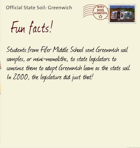 Official State Soil: Greenwich 
October 23rd 


Students from Fifer Middle School sent Greenwich soil samples, or mini-monoliths, to state legislators to convince them to adopt Greenwich loam as the state soil. In 2000, the legislature did just that!
