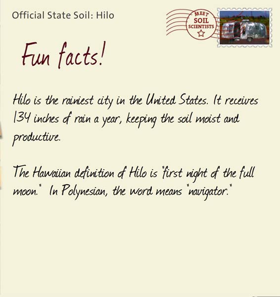 Official State Soil: Hilo 
November 9th 


Hilo is the rainiest city in the United States. It receives 134 inches of rain a year, keeping the soil moist and productive. 
 
The Hawaiian definition of Hilo is "first night of the full moon."  In Polynesian, the word means "navigator."
