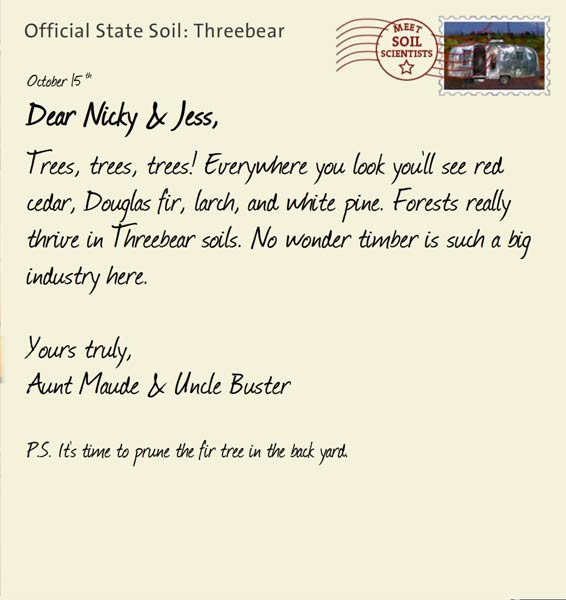 Official State Soil: Threebear 
October 15th 


Dear Nicky & Jess,
Trees, trees, trees! Everywhere you look you'll see red cedar, Douglas fir, larch, and white pine. Forests really thrive in Threebear soils. No wonder timber is such a big industry here.

Yours truly,
Aunt Maude and Uncle Buster

P.S. It's time to prune the fir tree in the back yard.
