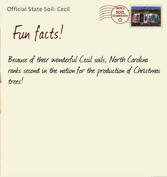 Official State Soil: Cecil 
March 26th 


Because of their wonderful Cecil soils, North Carolina ranks second in the nation for the production of Christmas trees! 
