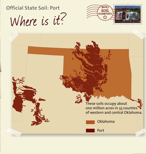 Official State Soil: Port 
February 28th 

This is a map of Oklahoma showing the location of Port soils. These soils occupy about one million acres in 33 counties of western and central Oklahoma.
