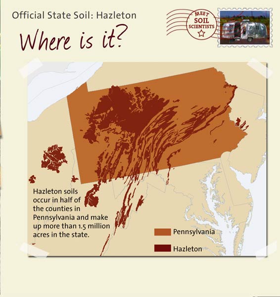 Official State Soil: Hazleton 
July 28th 

This is a map of Pennsylvania showing the location of Hazleton soils. Hazleton soils occur in half of the counties in Pennsylvania and make up more than 1.5 million acres in the state.