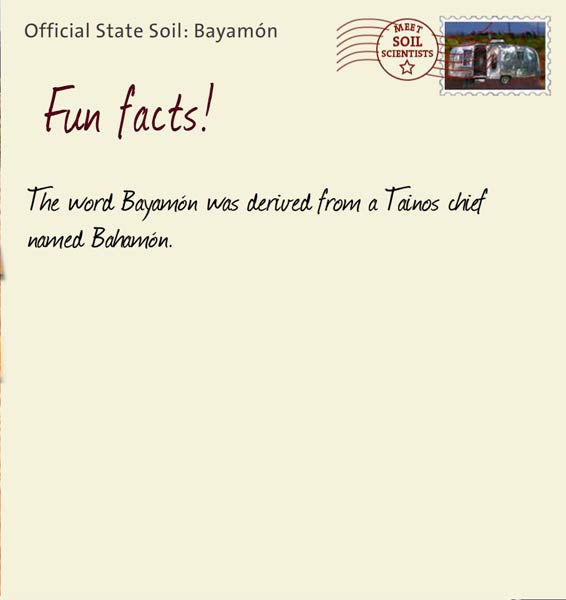 Official State Soil: Bayamón 
December 15th 


The word Bayamón was derived from a Tainos chief named Bahamón.
