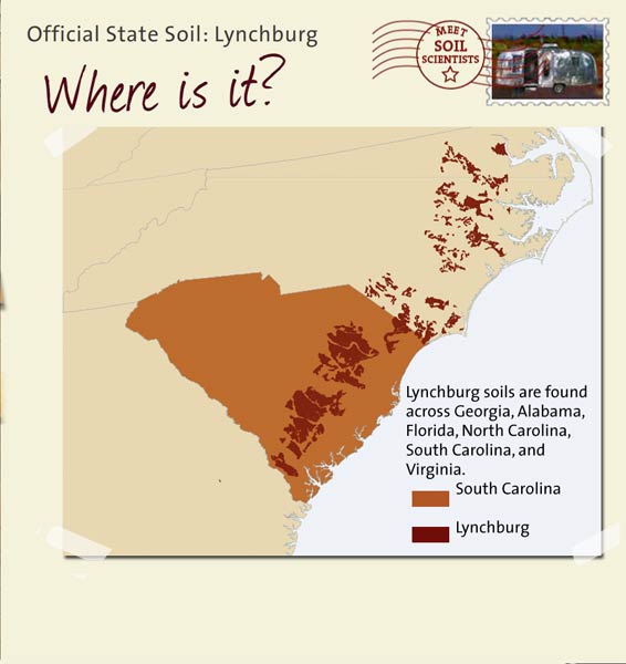Official State Soil: Lynchburg 
May 12th 

This is a map of South Carolina showing the location of Lynchburg soils. Lynchburg soils are found across Georgia, Alabama, Florida, North Carolina, South Carolina, and Virginia.