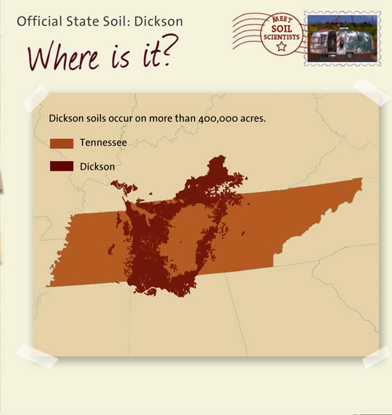 Official State Soil: Dickson 
September 15th 

This is a map of Tennessee showing the location of Dickson soils. Dickson soils occur on more than 400,000 acres.